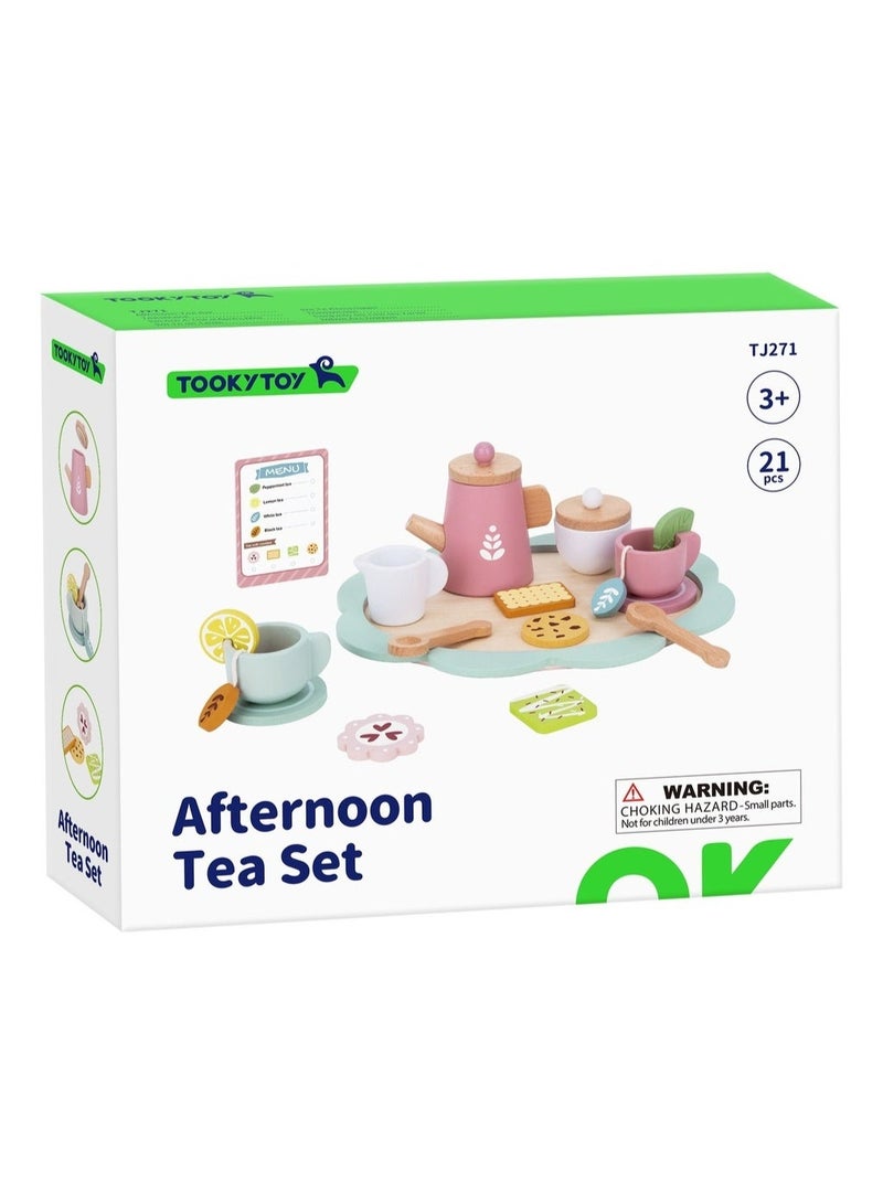 Tooky Toy Wooden Afternoon Tea Pretend Playset - Multicolor - 21 Pcs - Image 2